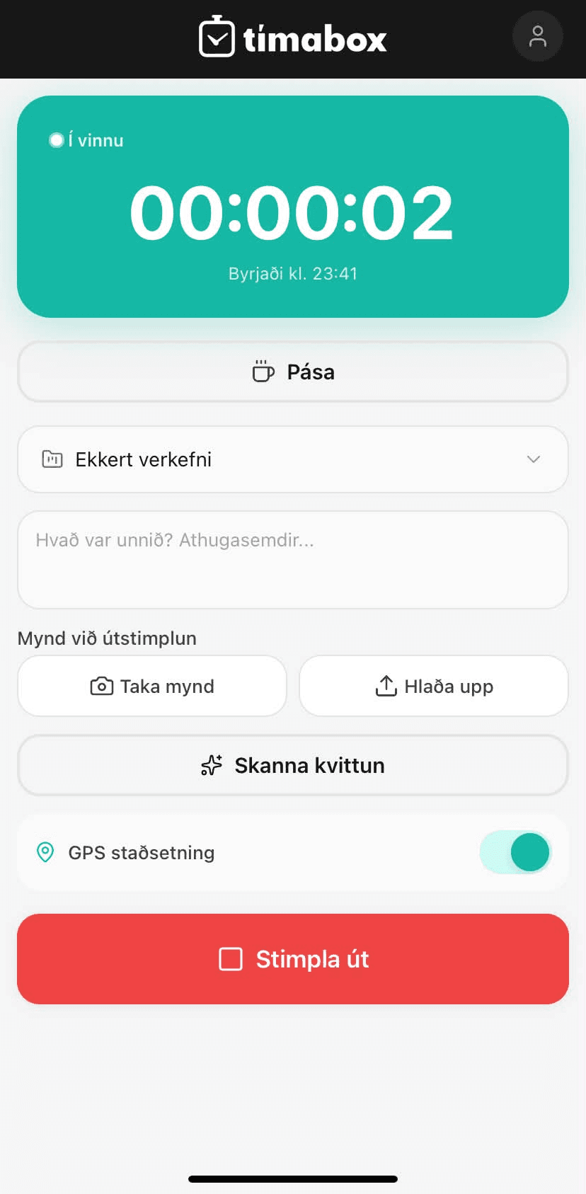 Tímabox appið - stimpla út