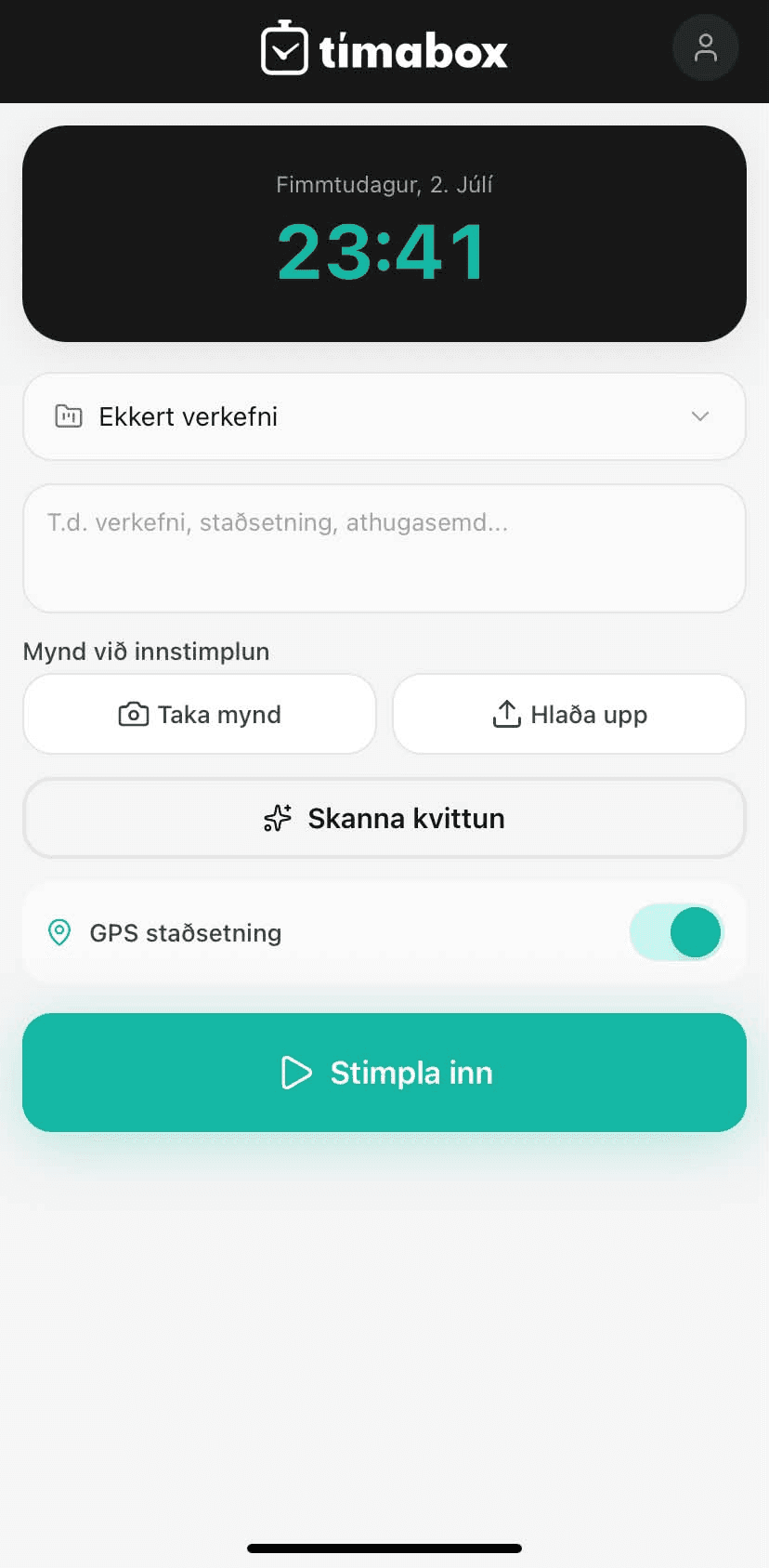 Tímabox appið - stimpla inn