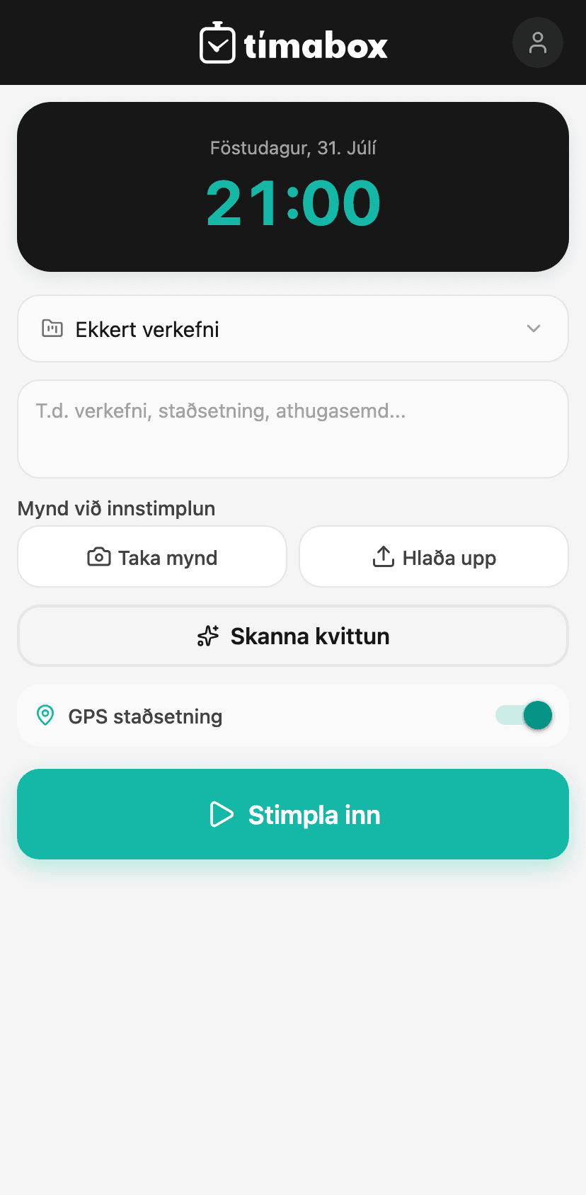 Tímabox appið - stimpla inn