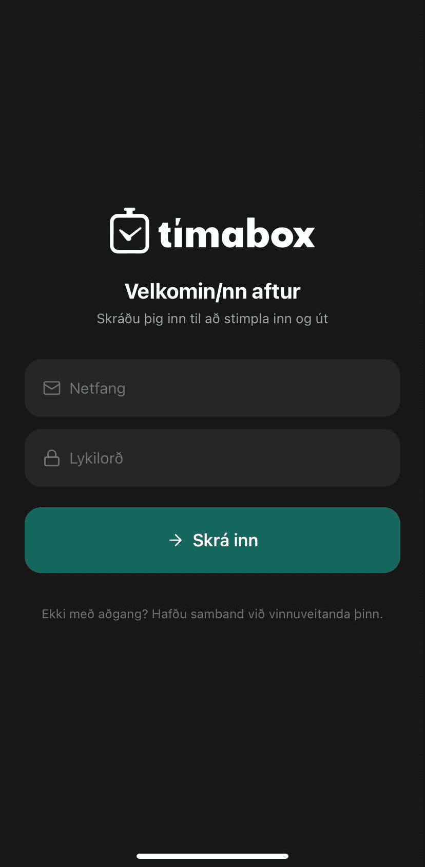 Tímabox appið - innskráning