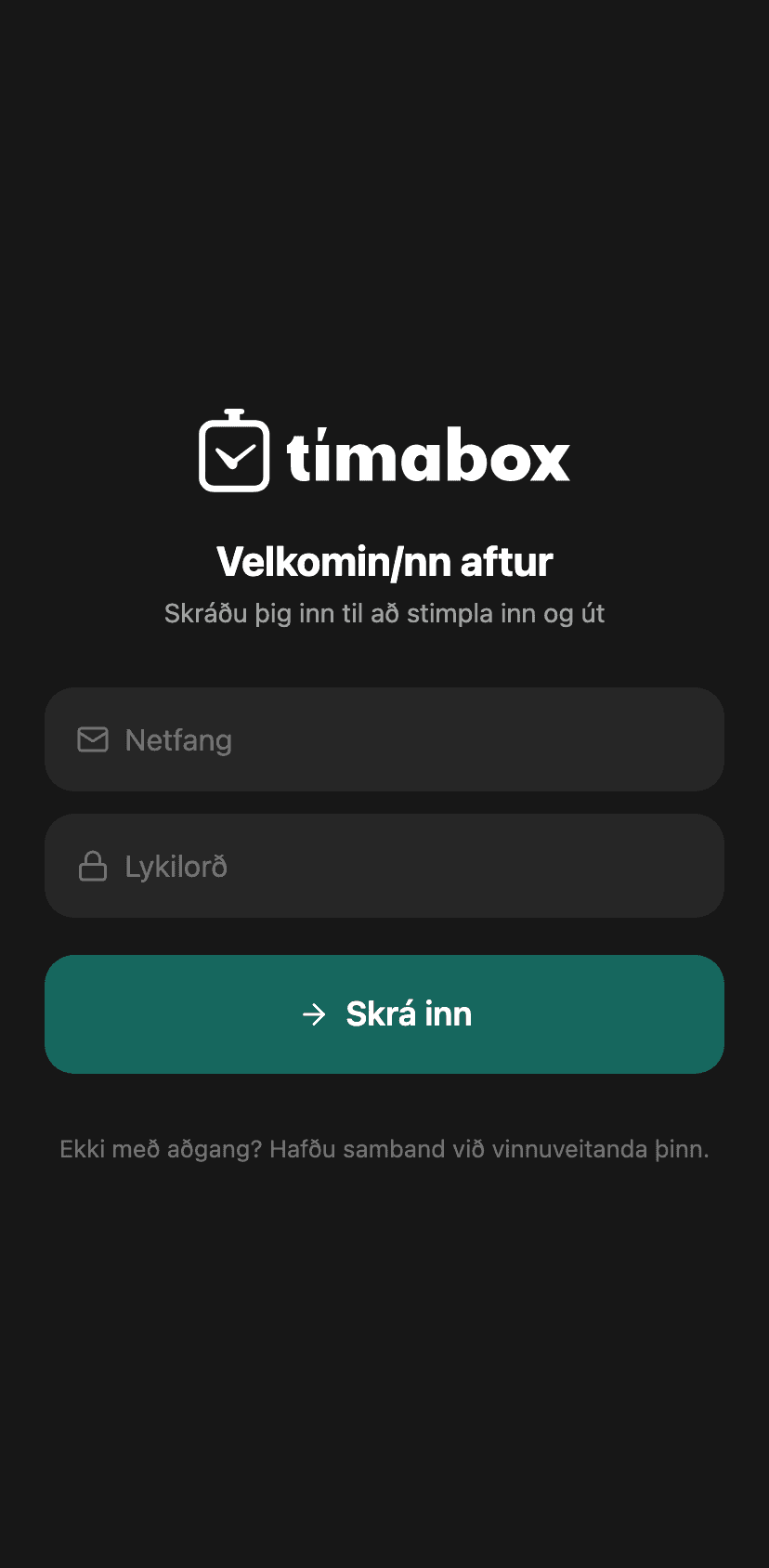 Tímabox appið - innskráning